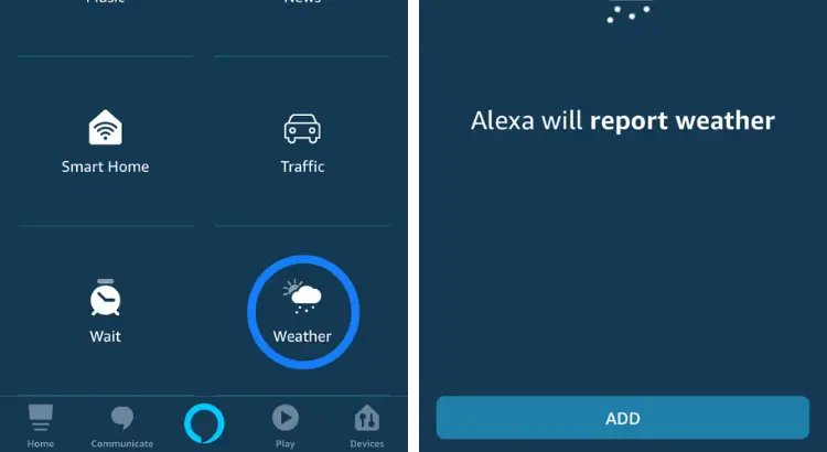 How to Make Smart Routines with Amazon Alexa. Add action, Weather, ADD.