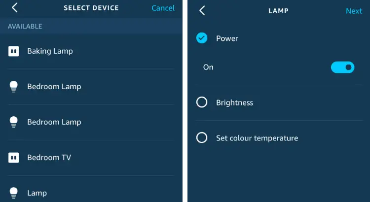 How to Make Smart Routines with Amazon Alexa. Click Lamp, Power On and click Next .