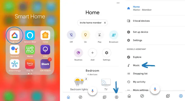 How to link Spotify to Google Home in 2019  Open the Google Home app. 
Tap the Menu in the lower-right comer. 
Tap Music in the Google Assistant section.  